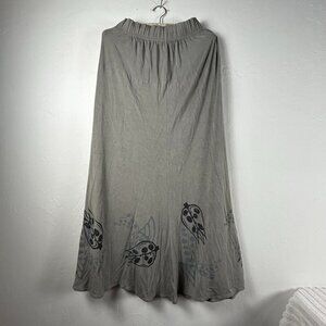 Blue Fish 1998 Hand Printed Flower Maxi Skirt Sz 2 Gray Elastic Waist Art Wear